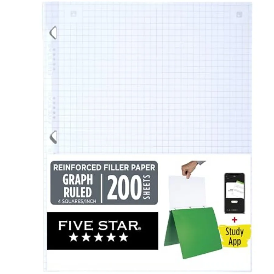 

Five Star Loose Leaf Paper + Study App, Graph Ruled Filler Notebook Paper, Reinforced, Fights Ink Bleed, 8-1/2" x 11", 170055-E