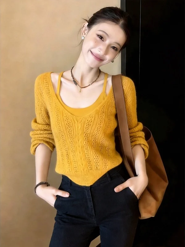 

Yellow Knitted Hollow out Crop Top And Vest Two-Piece Set for plus Size Women Early Spring Commute Style Korean Loose Fit