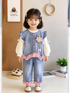 2026 Spring Autumn Girls Rose Denim Three Piece Set Not Hard and No Friction Skin Long Sleeve Style Kids Run and Jump Freely