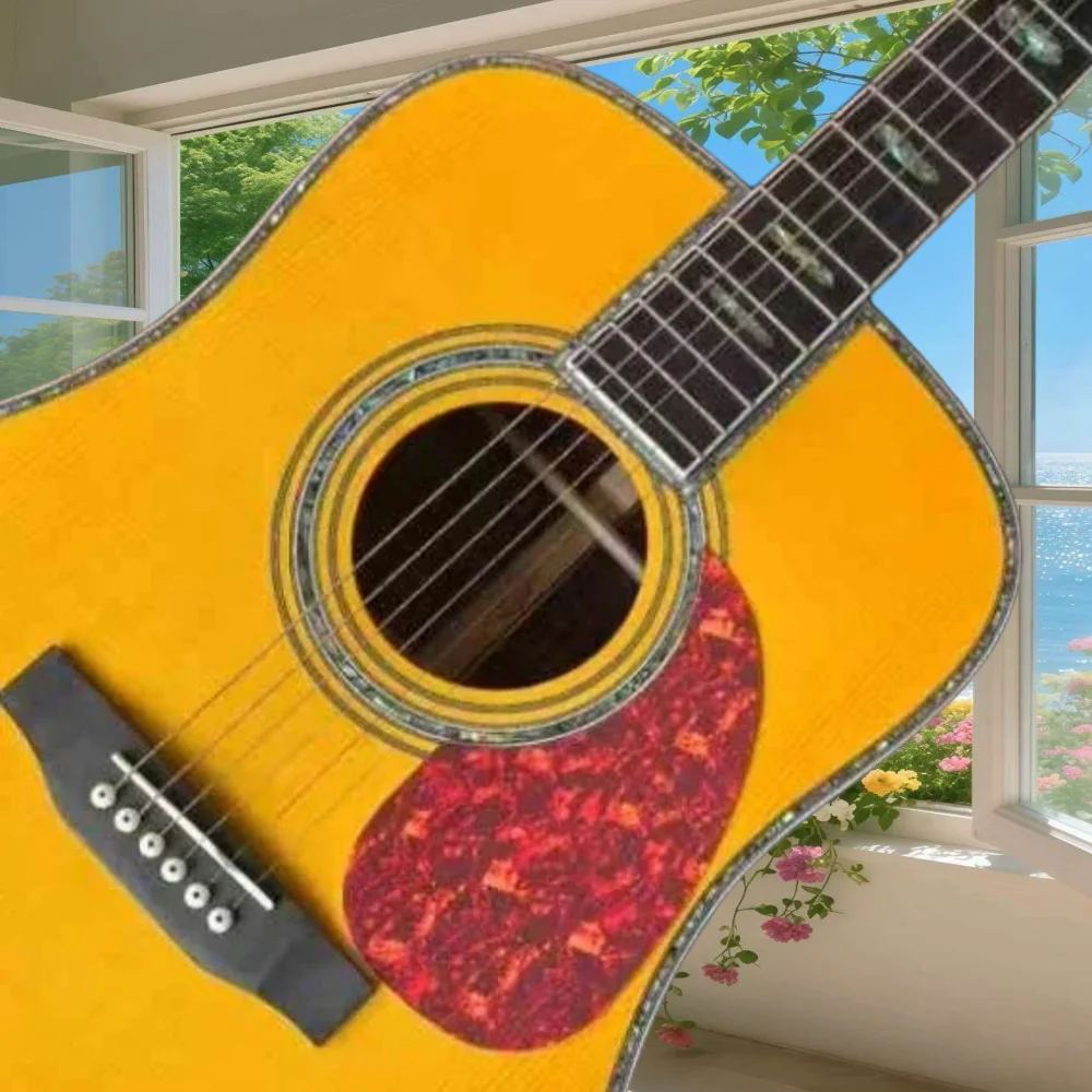 41 Inch D45 Type Folk Guitar Solid Spruce Top Yellow White Edge Banding Abalone Shell Fingerboard Beginner