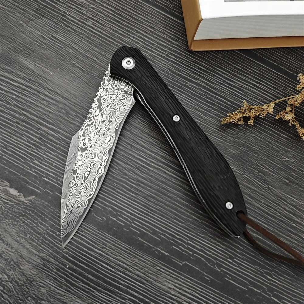 Folding Knife Damascus Steel Blade Ebony Handle High Quality Outdoor EDC Camping Hiking Survival Hunting Knife Men\'s Gift