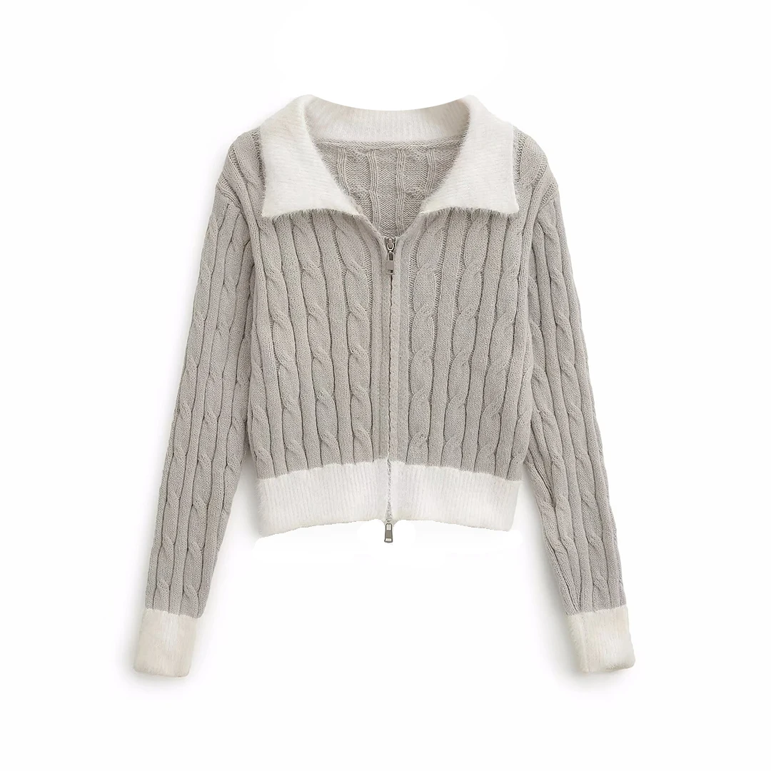 

Korejepo 2025 New Women Fashion European American Style Color Blocked Lapel Long Sleeved Slim Zipper Cardigan Jacket