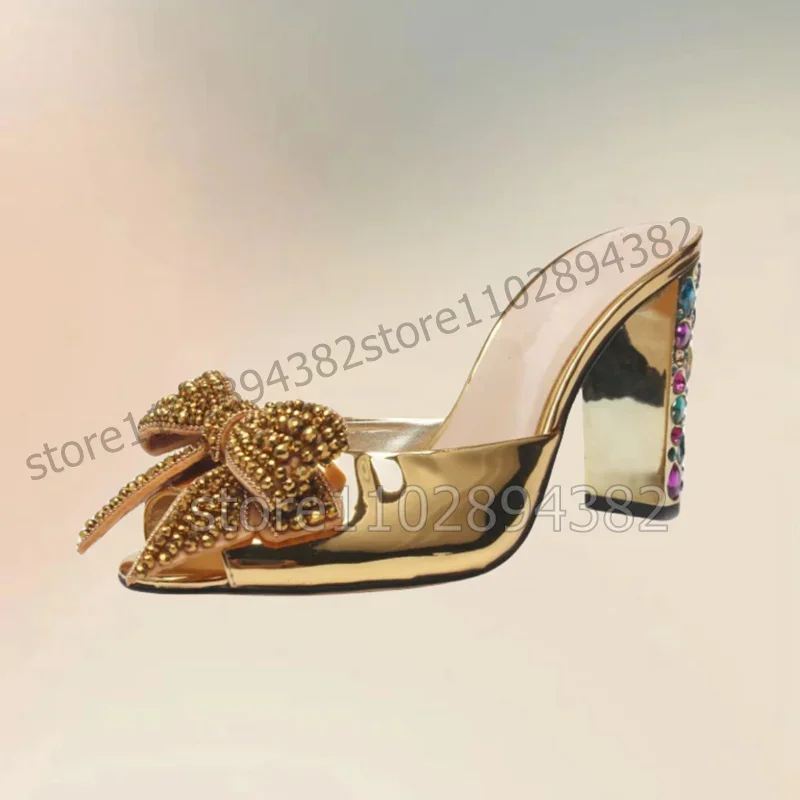 

Gold Crystal Bow Knot Patent Leather Peep Toe Slippers Slip On Women Shoes Strange Style Heels Fashion 2023 Zapatos Para Mujere