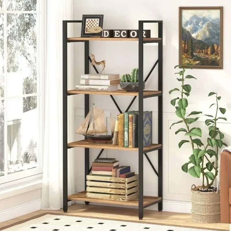 

Industrial 4 Tier Bookshelf Modern Open Etagere Bookcase Heavy Duty Book Shelves Wood Metal Shelving Unit