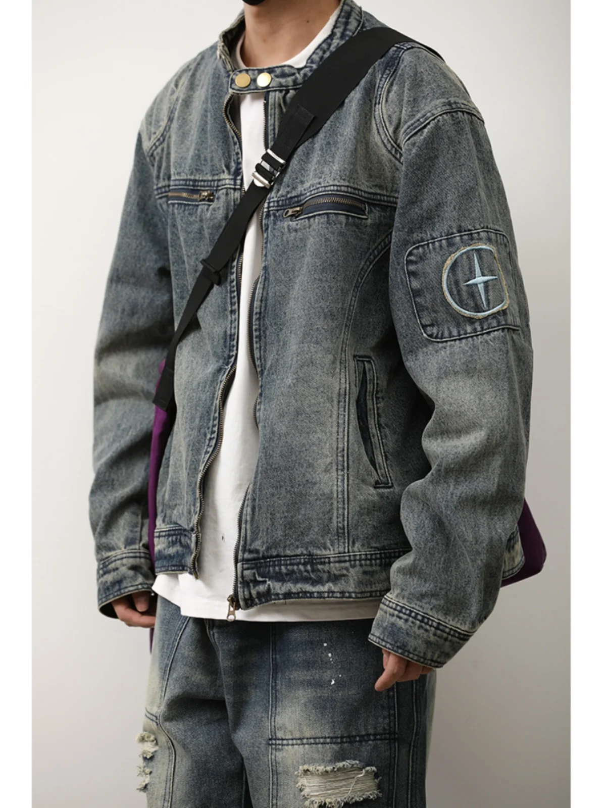 

Retro Waed Embroidered American Collar Denim Jaet Casual Motorcycle Sle for Men And Women Spring Autumn Loose Fit