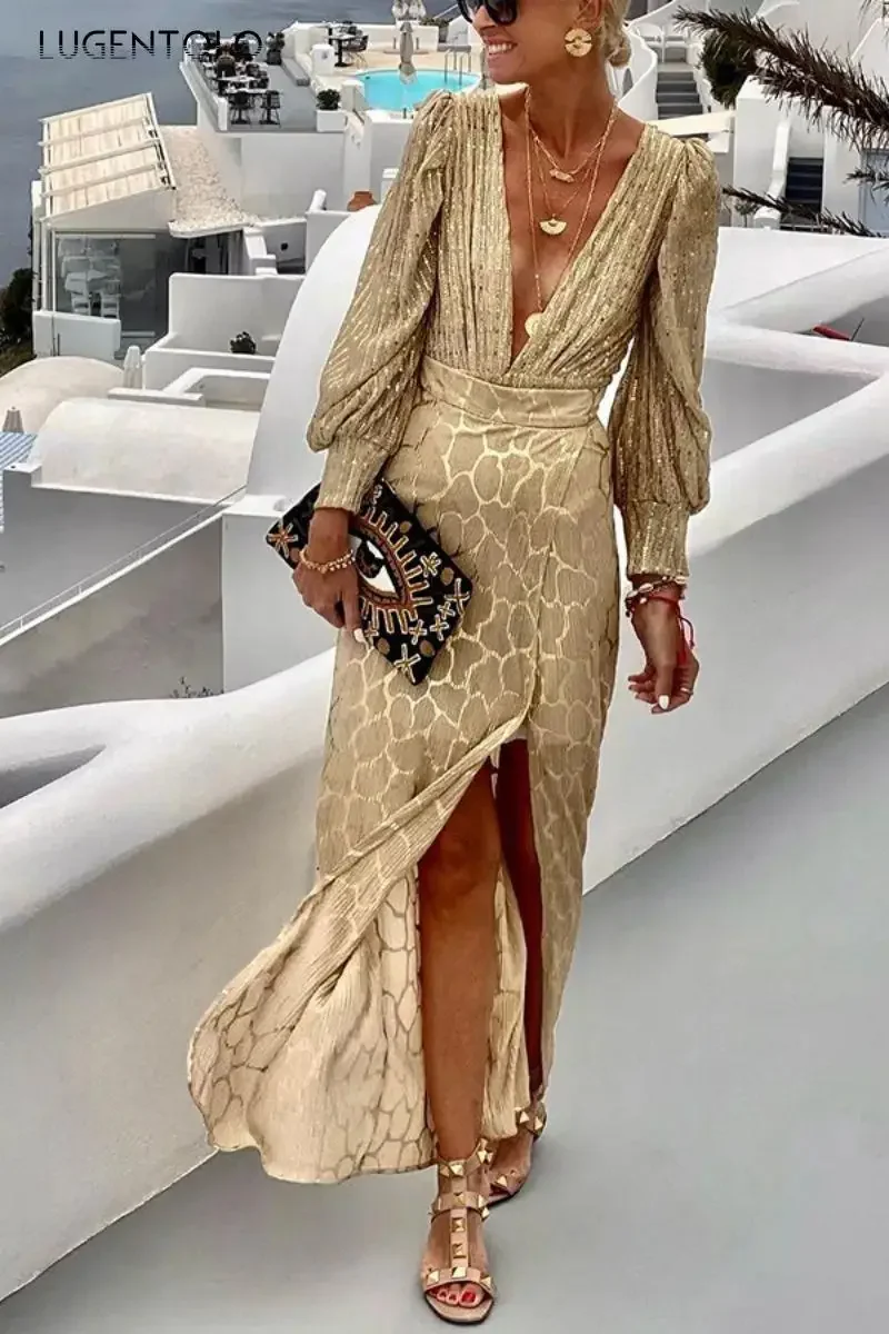 Sexy Lange Mouwen Top Rokken Sets Vrouwen Feest Pailletten Diepe V-Hals Tops Split Einde Dame Elegant Banket Gouden Slanke Rok Kleding