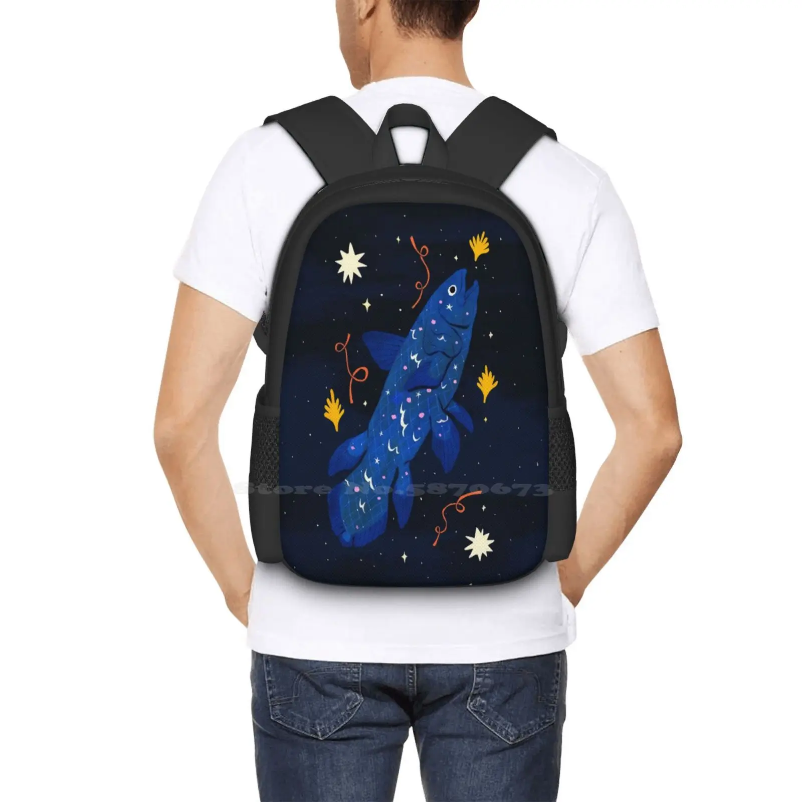 Bolsa de diseño con patrón de coelacanto estrellado, mochila para estudiantes, coelacanto estrellado, biología marina, estrellas, vida en el océano, peces, animales marinos