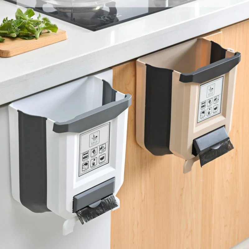 9L Folding Waste Bin Kitchen Cabinet Door Hanging Trash Can Wall Mounted Trashcan for Bathroom Toilet Garbage  Storage WJ40911 image 3