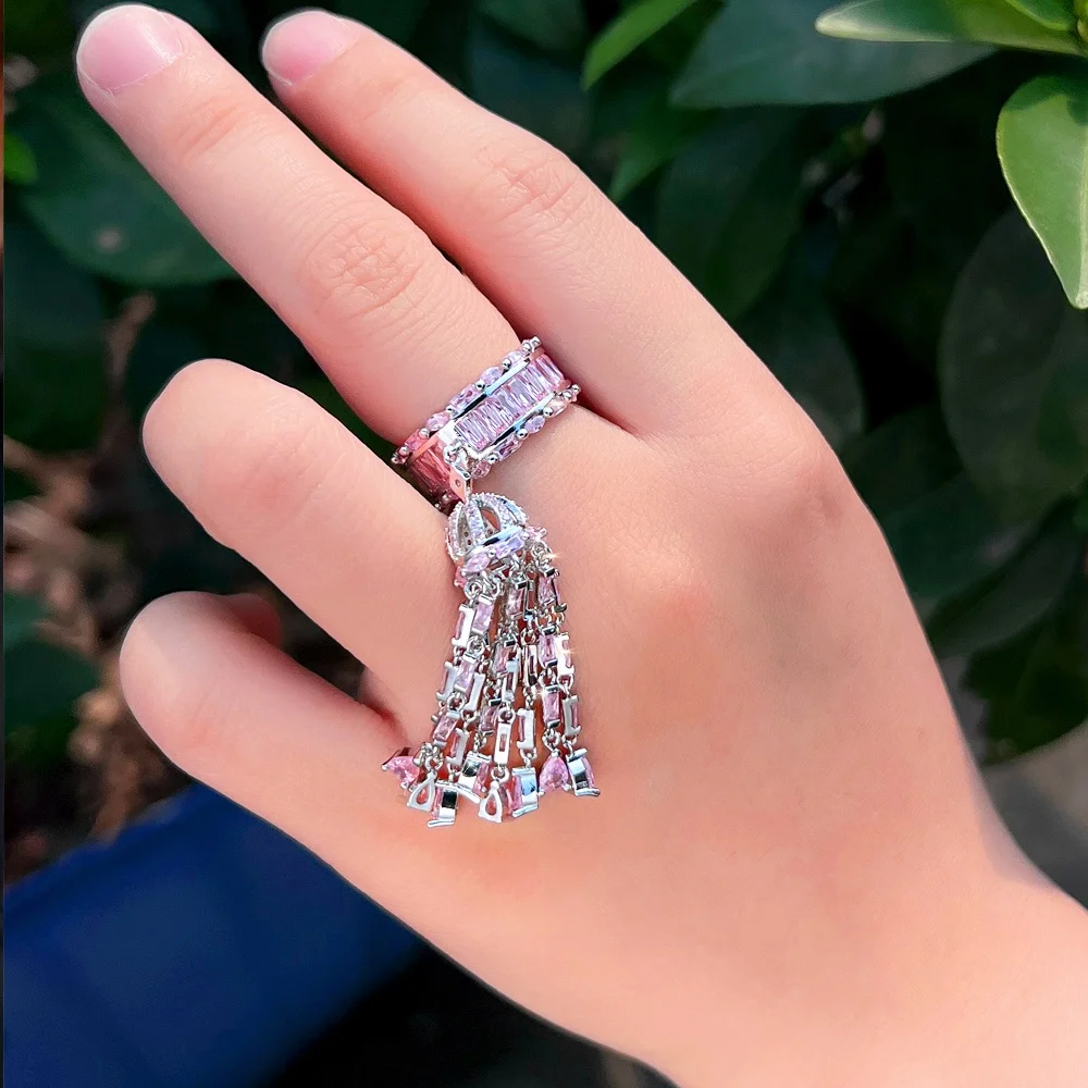 Pera Unique Design Luxury Statement Charms Chic Zirconia Wedding Long Tassel Finger Rings for Women Bohemian Beach Jewelry R201