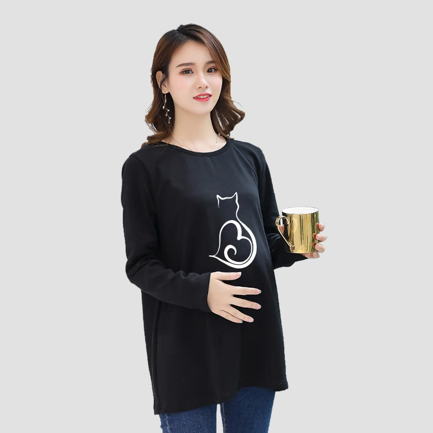 

Cute Cat Sweet Cartoon Printed Customized Pregnant T-Shirt Girl Maternity Pregnancy Funny animal Flattering Long Sleeve Shirt Mo