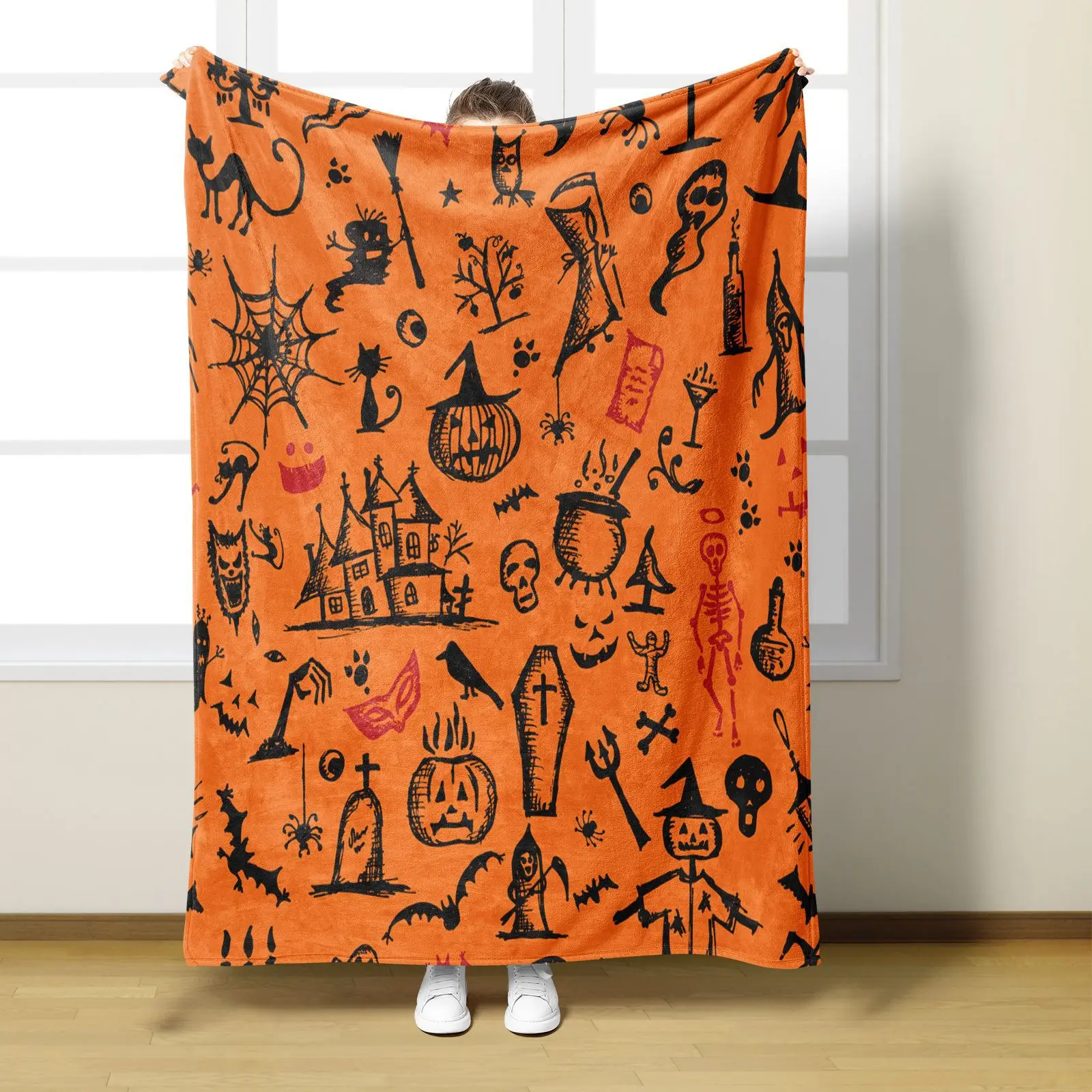 Halloween-Flanelldecke, warme, weiche Cartoon-Orange-Kürbis-Digitaldruck-Überwurfdecke, multifunktionale Deckenbezüge – Detail 6