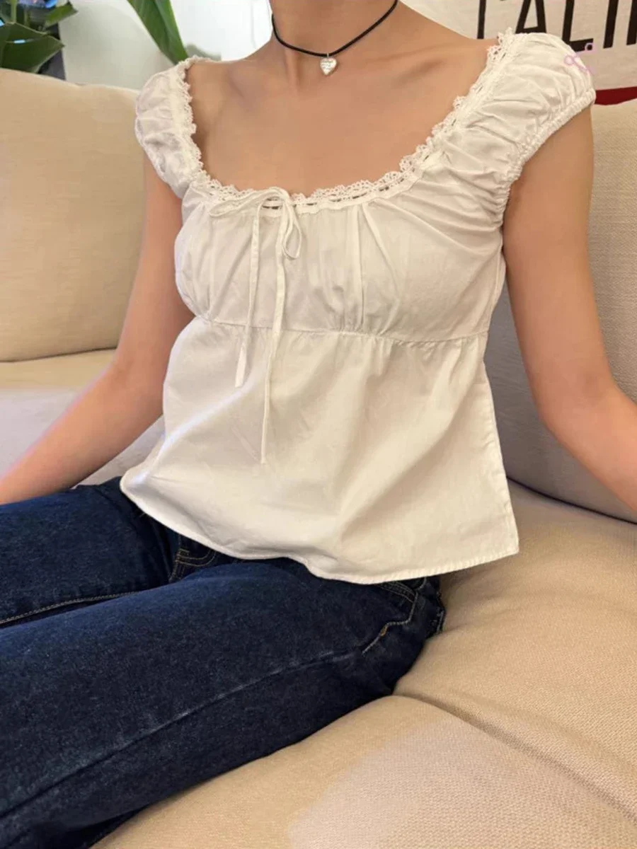 Women Bow Sweet  Lace-up T Shirt 2024 Fashion Summer Collar Short Sleeve T-shirts Vintage Cotton Cute Blouse Tops Y2K image 2