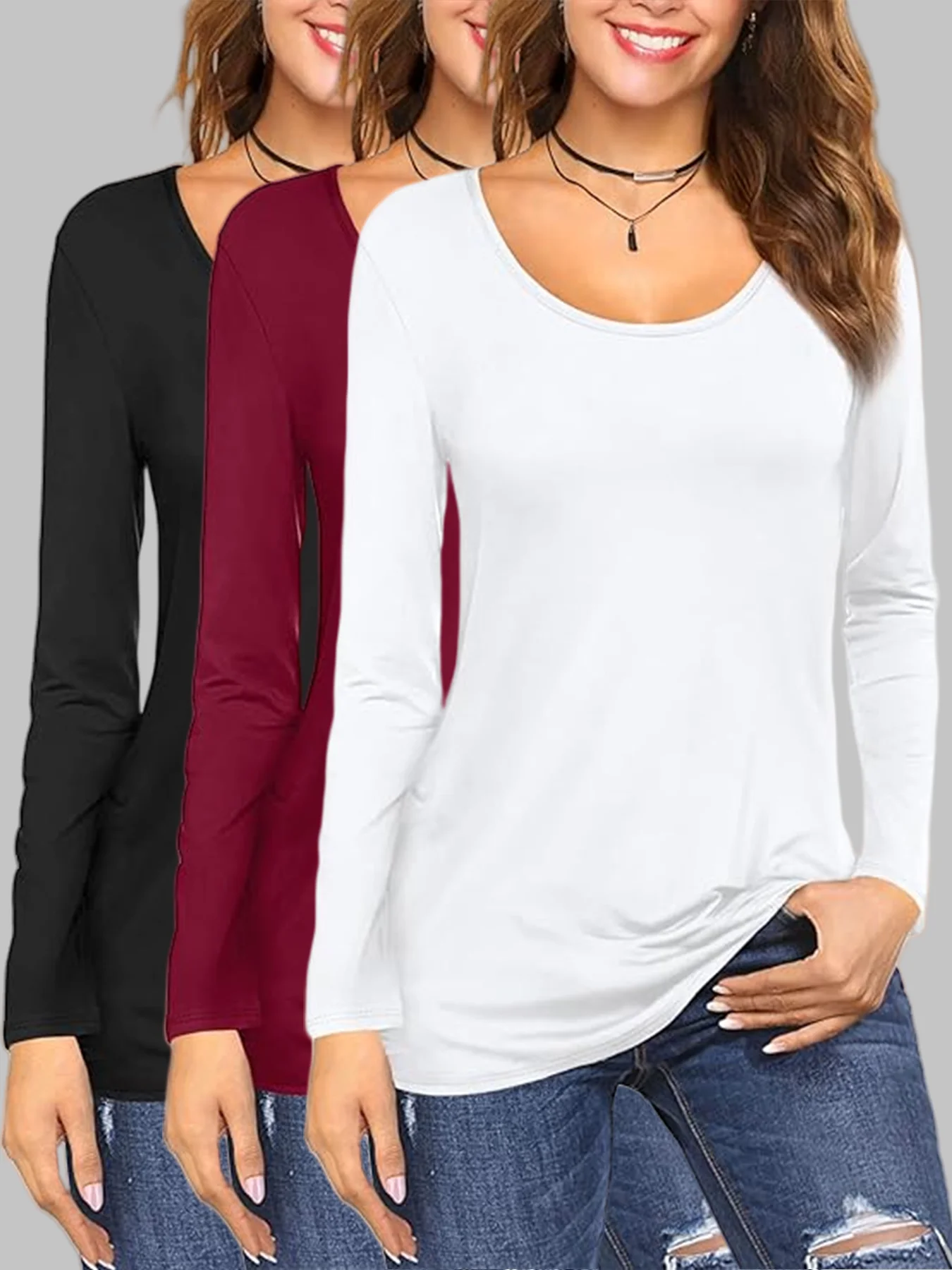 طقم تي شيرت نسائي مريح برقبة دائرية وأكمام طويلة وفضفاضة مكون من ثلاث قطع