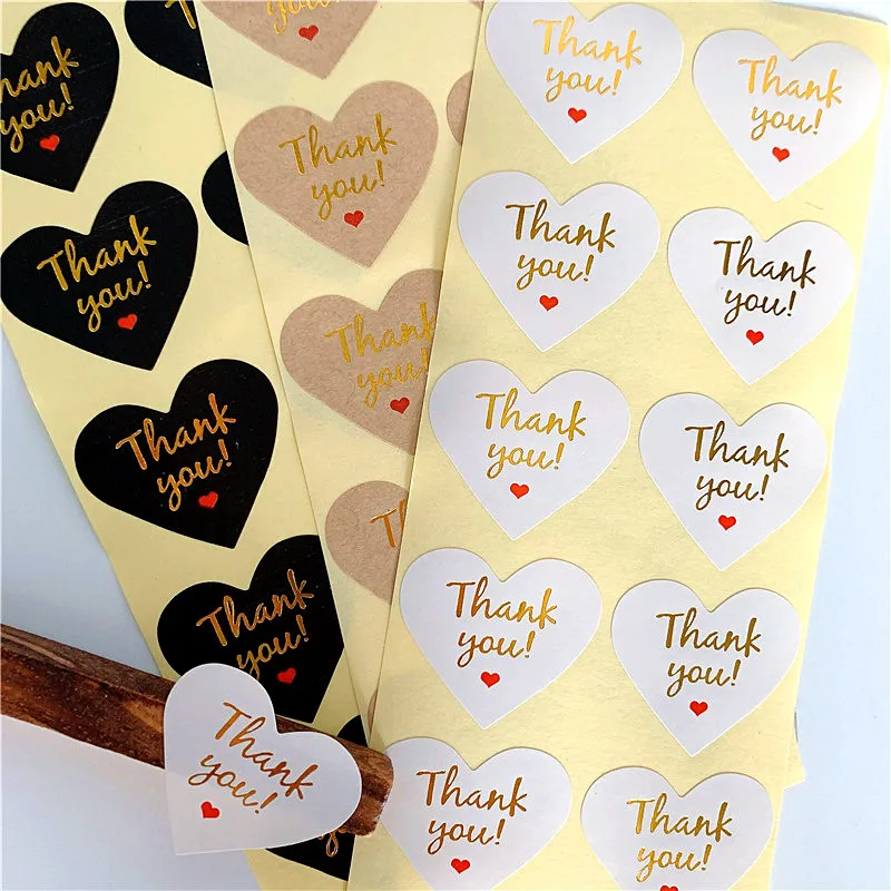 100 Pcs/lot Lovely Heart design Paper Stickers Golden Thank You Scrapbooking Sticker Seals Labels For Gift 3.2X2.8CM