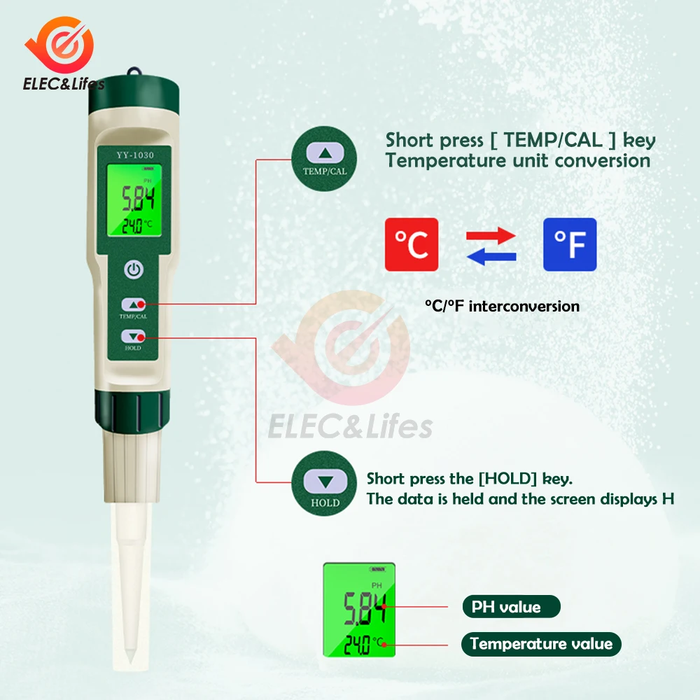 Imagem -04 - Medidor de ph de Alimentos Termômetro Eletrodo Instrumento de Medição de ph para Aquário Testador de Qualidade da Água Alimentos Carne Queijo Leite Solo Yy1030
