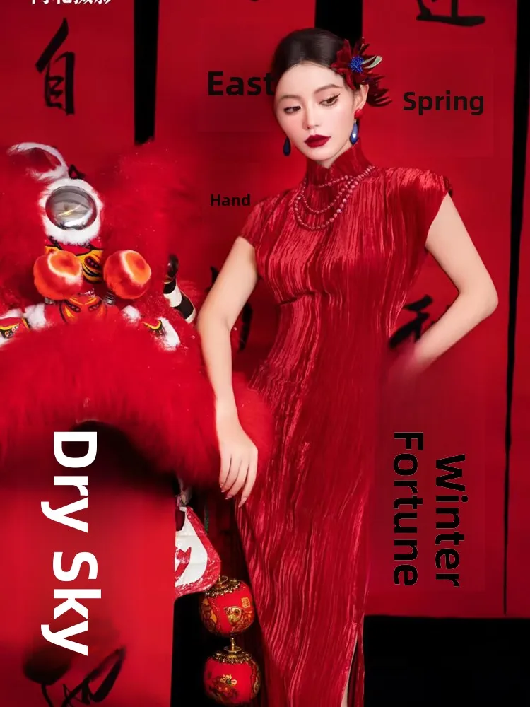 

Улучшенное вечернее платье из красного бархата в китайском стиле для фотосессий на Новый год, модное женское традиционное платье для фотостудии