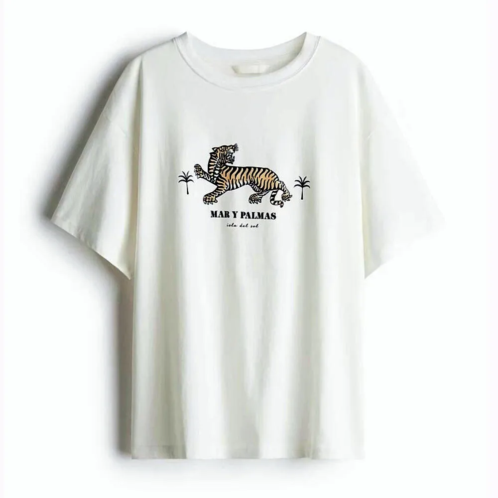Vintage Style Tiger Printing Female Graphic Tees White Loose Pure Cotton Round Neck Tees Ins Fashion Short Sleeve T Shirts