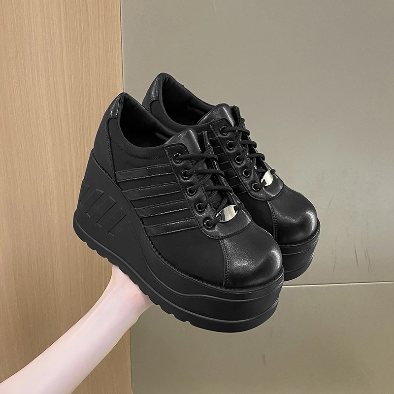 Brand New Punk Street Fashion Black Gothic Style Girls Cosplay Platform High Heels Sneakers Wedges Shoes Woman Pumps Big Size 43