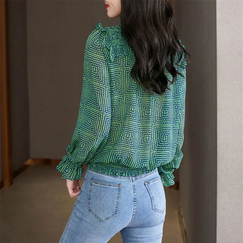 Commute Geometric Printed Shirt Elegant Folds Female Clothing Stylish Ruffles Spliced Shirring Spring Autumn Long Sleeve Blouse