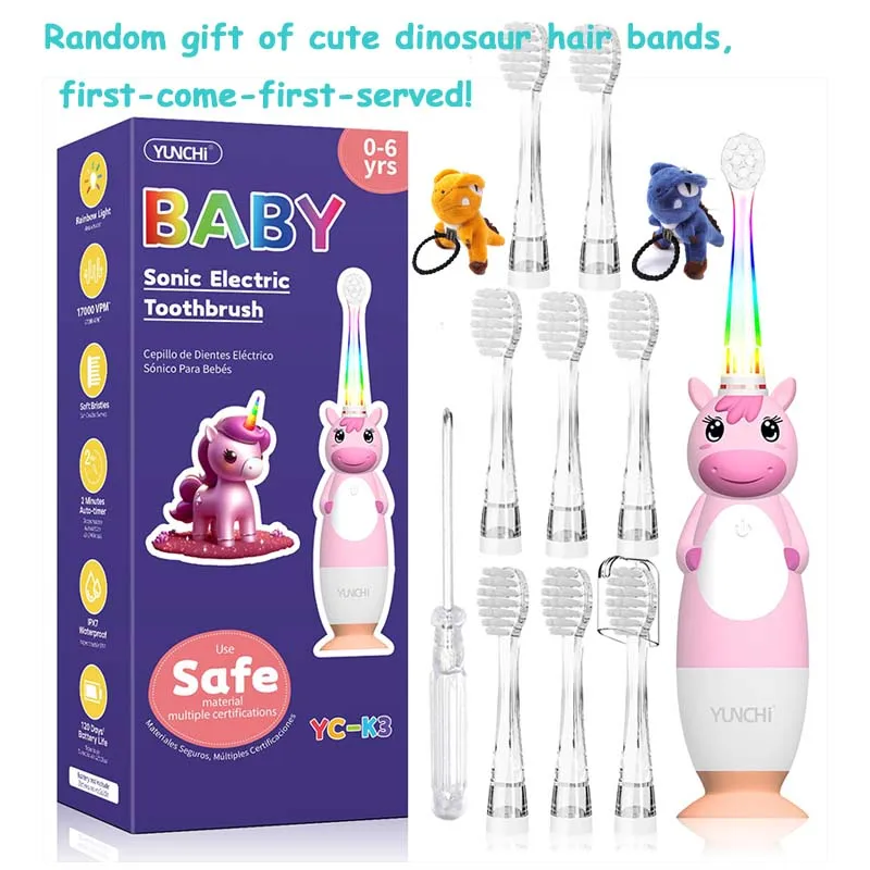 

K3 Единорог Детская/детская электрическая зубная щетка для детей от 3 до 12 лет с мягкой щетиной, водонепроницаемая светодиодная подсветка, умный таймер с 4/9 головками