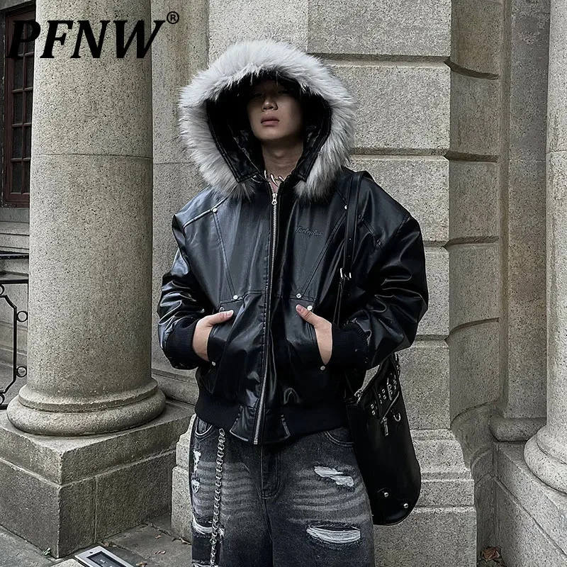 PFNW Niche Design Detachable Fur Collar Hooded PU Leather Quilted Padded Jacket Trendy Men\'s Short Cotton-padded Coat 12C1784