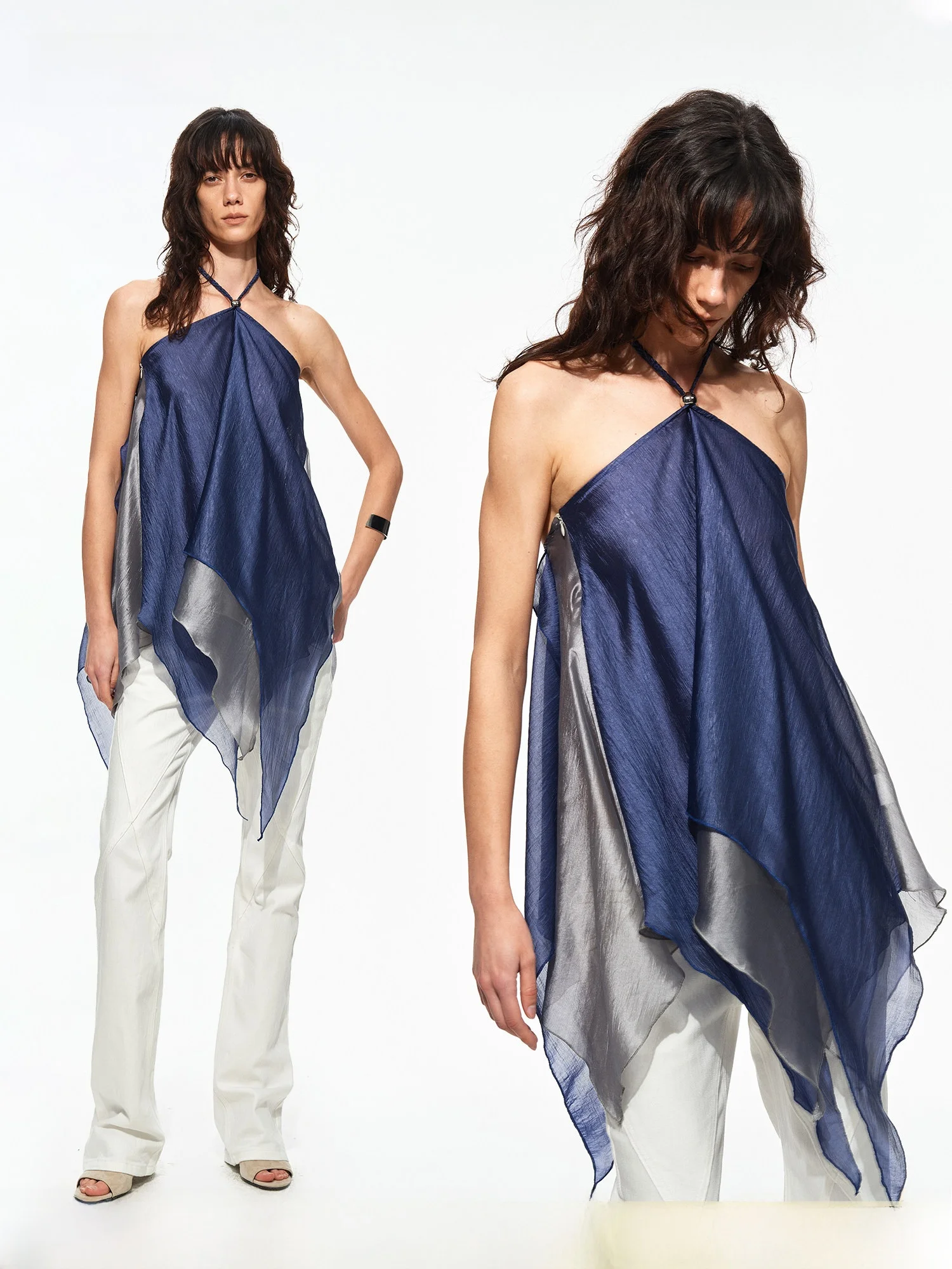 Handwoven Double Layer Asymmetrical Hem Halter Neck Top PRRP 84 Vinegar Acid Handmade Rope Necklace Customizable Color Block