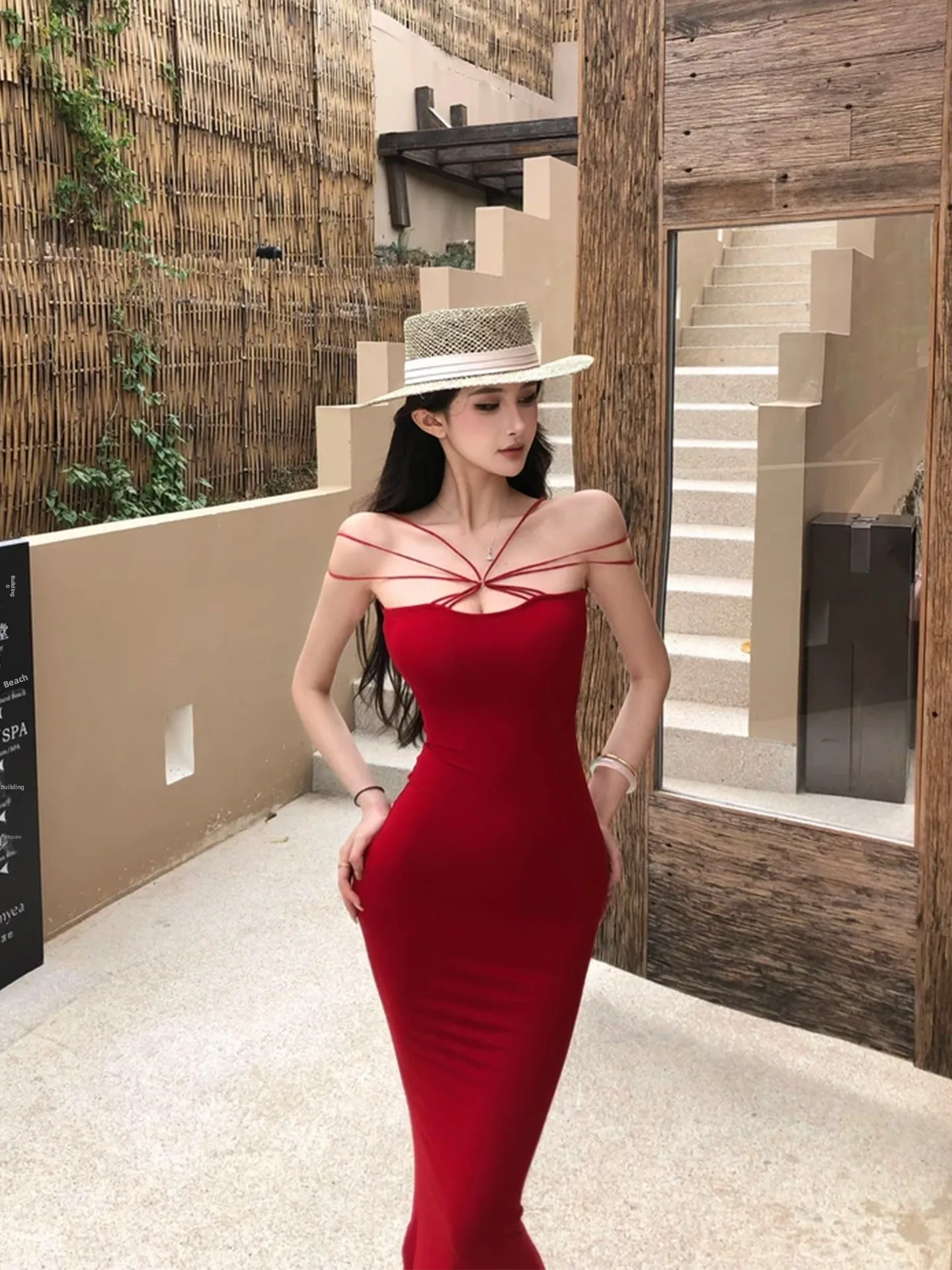 

XZY Sexy Red Neck Hanging Long Dress for plus Size Women Summer Island Vacation Tail Fishbone Women's Dress Polyester Fiber