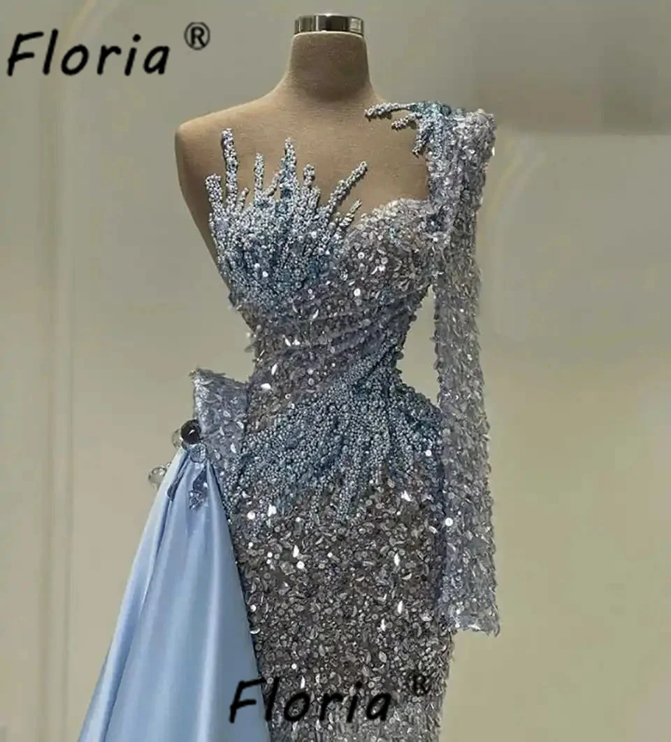 

Blue Dubai Women Celebrity Party Dress Crystal Silver Sequined Mermaid Wedding Event Gown Guest Beads Vestidos de gala Customize