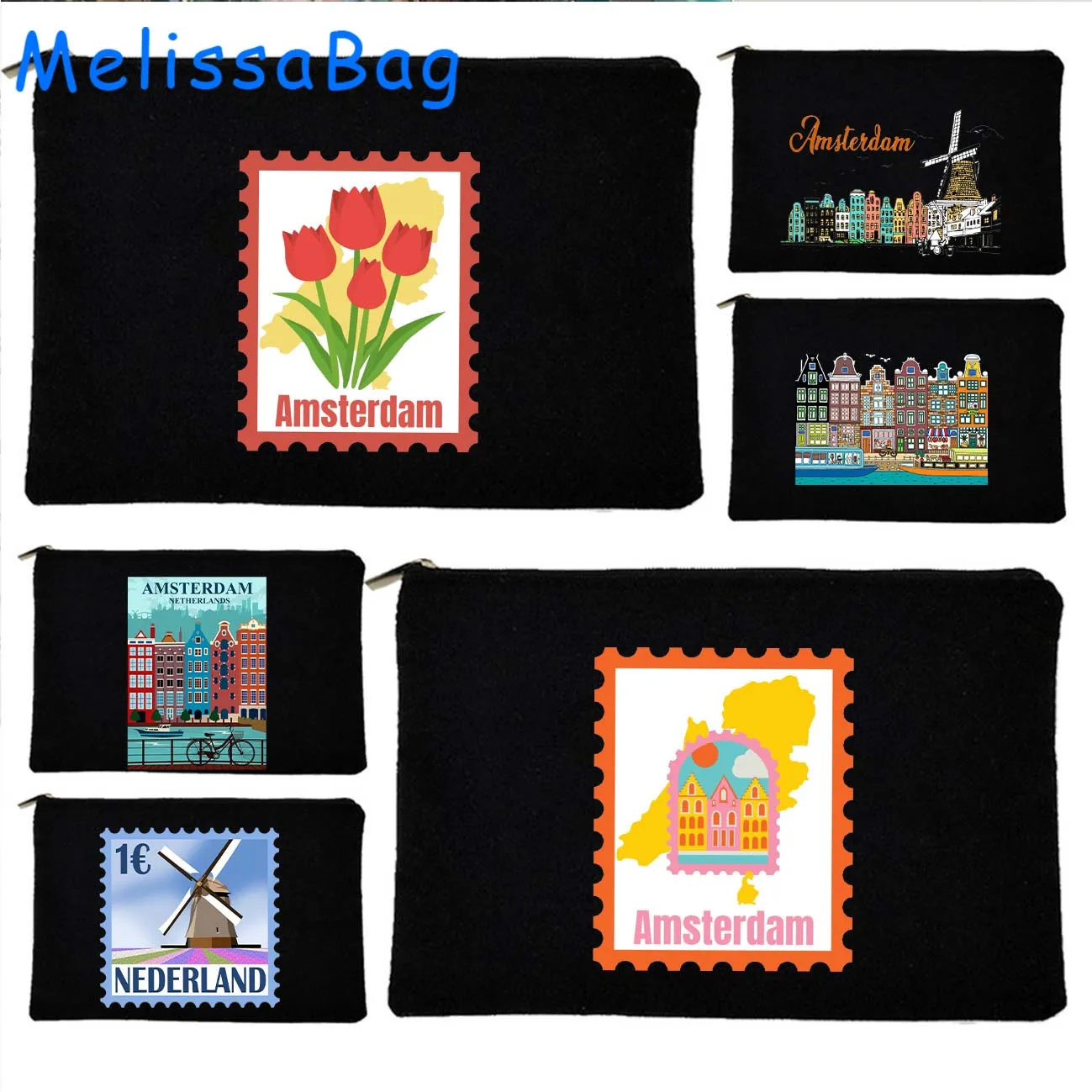 Amsterdam Canal Houses Skyline Landmark Netherlands Windmill Holland Gifts Canvas Cosmetic Makeup Bags Pencil Case Zipper Pouch