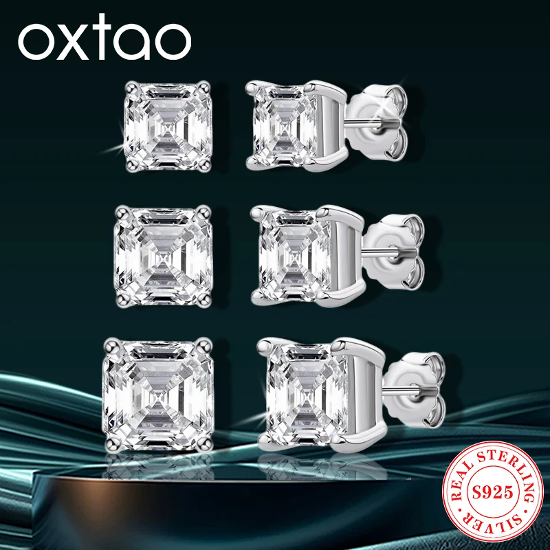 

OXTAO Masscher Cut Classic Zirconia Stud Earrings Female Jewelry Sparkling Diamond Wedding Engagement Ear 925 Sterling Silver