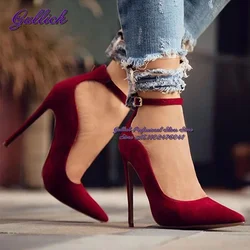 Gullick Wine Red Suede 12cm 10cm 8cm Thin High Heel Pointed Toe Dress Shoes Shallow Cut Ankle Buckle Strap Pumps Nude Black