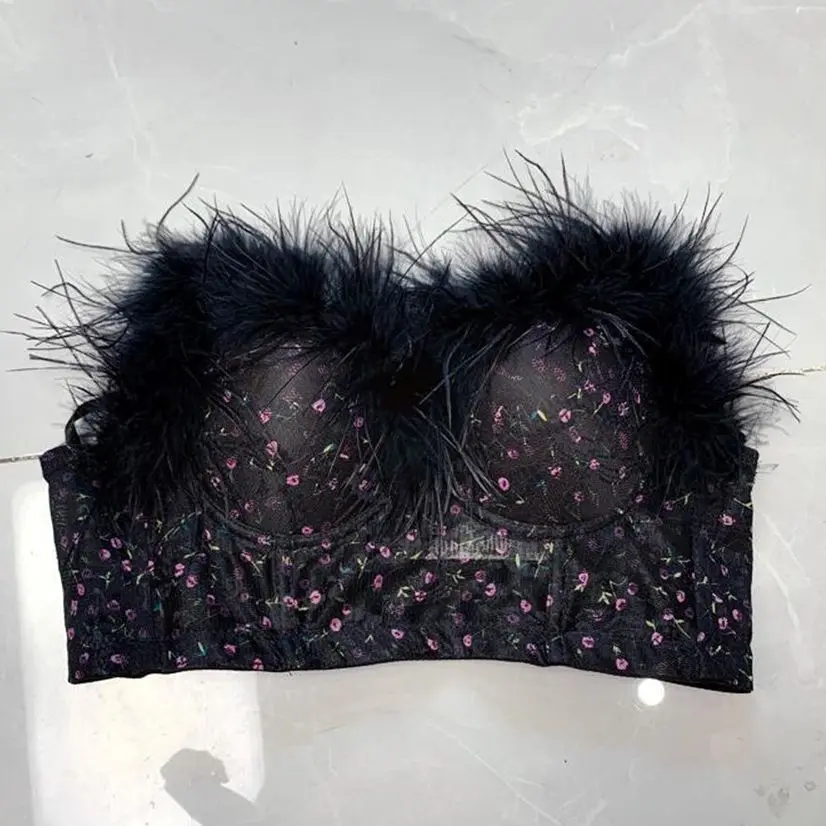 ภาษาฝรั่งเศสคํา Low-Cut Cropped Top เซ็กซี่ Backless ลูกไม้เย็บผมนกกระจอกเทศด้านบนดอกไม้พิมพ์เสื้อสําหรับผู้หญิง Bras Camis Y3135