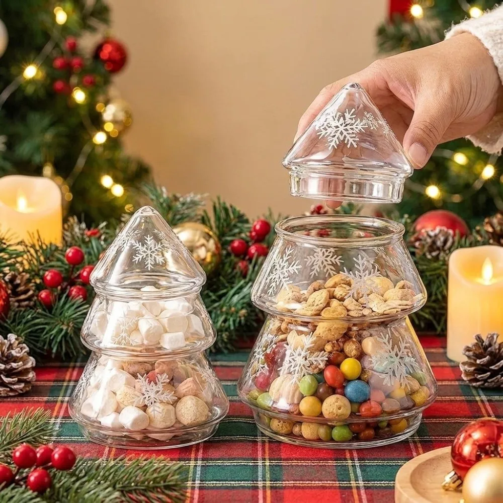 Snowflake Pattern Glass Christmas Tree Jar Transparent Stylish Xmas Candy Jar With Lid Large Capacity Cookie Jar Home Decor