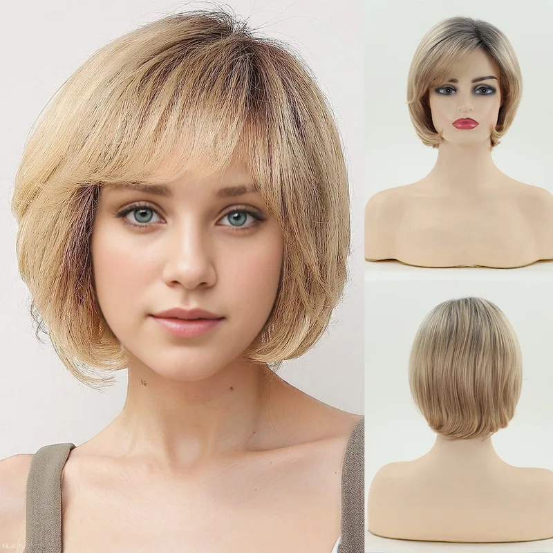 ヨーロッパとアメリカの女性用、ゴールデンバング、ふわふわのショートストレート合成ウィッグ