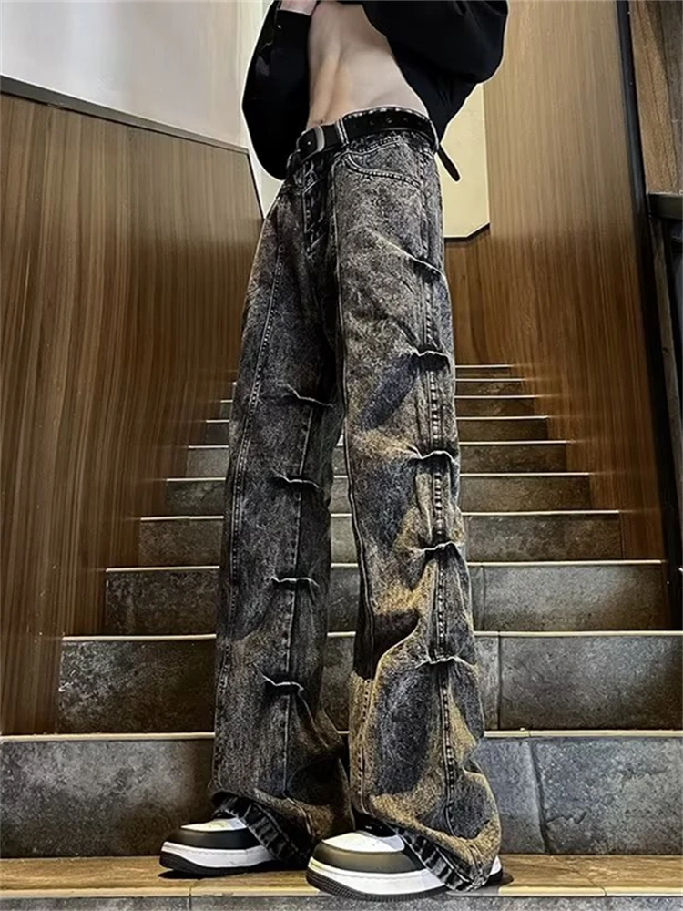 Retro American Washed Faded Bell Bottom Jeans Men Loose High Street Long Trousers Casual Straight Leg Denim Jeans for Teens