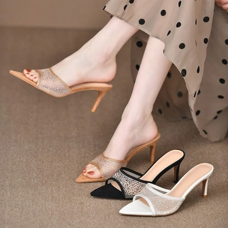 Elegant Retro 7cm High Heel Shoes for Women 2024 New Pointed Toe Versatile Fashion Party Dress Women\'s Slippers Large Size 42