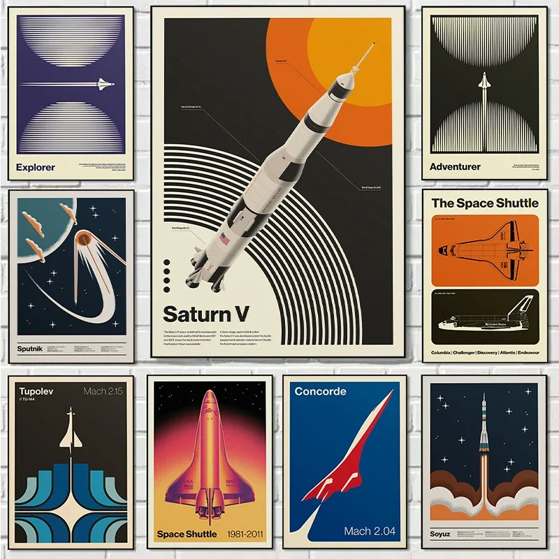 الرجعية مجردة مكوك الفضاء سبوتنيك الحد الأدنى الملصقات والمطبوعات قماش الطباعة جدار صورة فنية لغرفة المعيشة ديكور المنزل