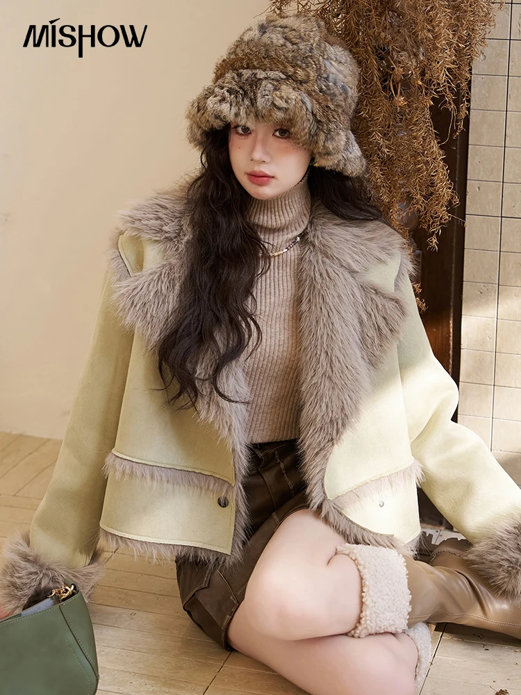 MISHOW Winter Faux Fur Coat for Women 2023 Splice Fur Integrated Contrast Lapel Collar Jacket Thick Warm Coats Female MXC52W0213