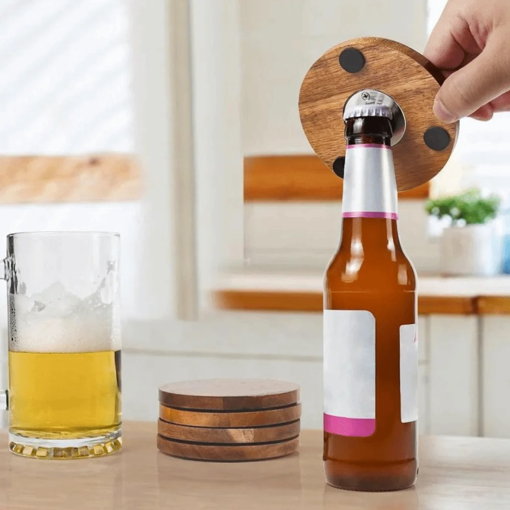 

6PCS Creative 2 in 1 Wood Coaster with Bottle Opener Round Non-Slip Insulated Cup Pad with Storage Rack Party Cup Mat Set Office