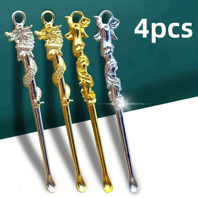 4Pcs Dragon & Phoenix Ear Spoon Set, Metal Ear Pick Keychain Pendants, Great Gift for Supermarket & Department Store Giveaways