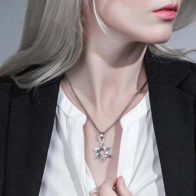 Six Pointed Star Pendant Necklace for Female Male Thai Silver Collarbone Chain Retro and Trendy Couple Accessories KOFSAC