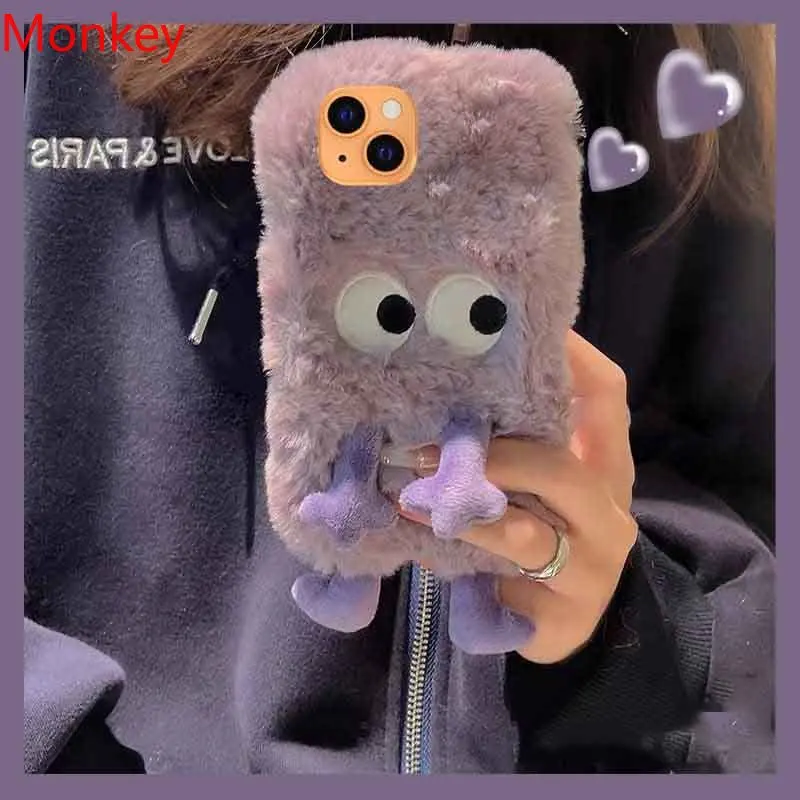 Korean Cute Cartoon Fuzzy Plush Phone Shockroof Case For iPhone 15 14 13 12 11 Pro Max X XS XR 6 7 8Plus SE 3D Winter Soft Cover