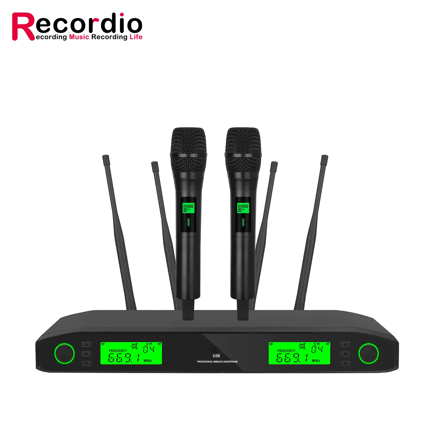 GAW-U36 Infrared Frequency Pairing Wireless Microphone 2 Channels Distance 80M Half-Metal Handheld UHF for Stage/Karaoke