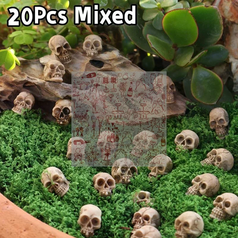 20Pcs Mini Skull Model Collectable Halloween Gothic Skull Sculptures Creative Festival Theme Landscape Garden Potted Plant Deco