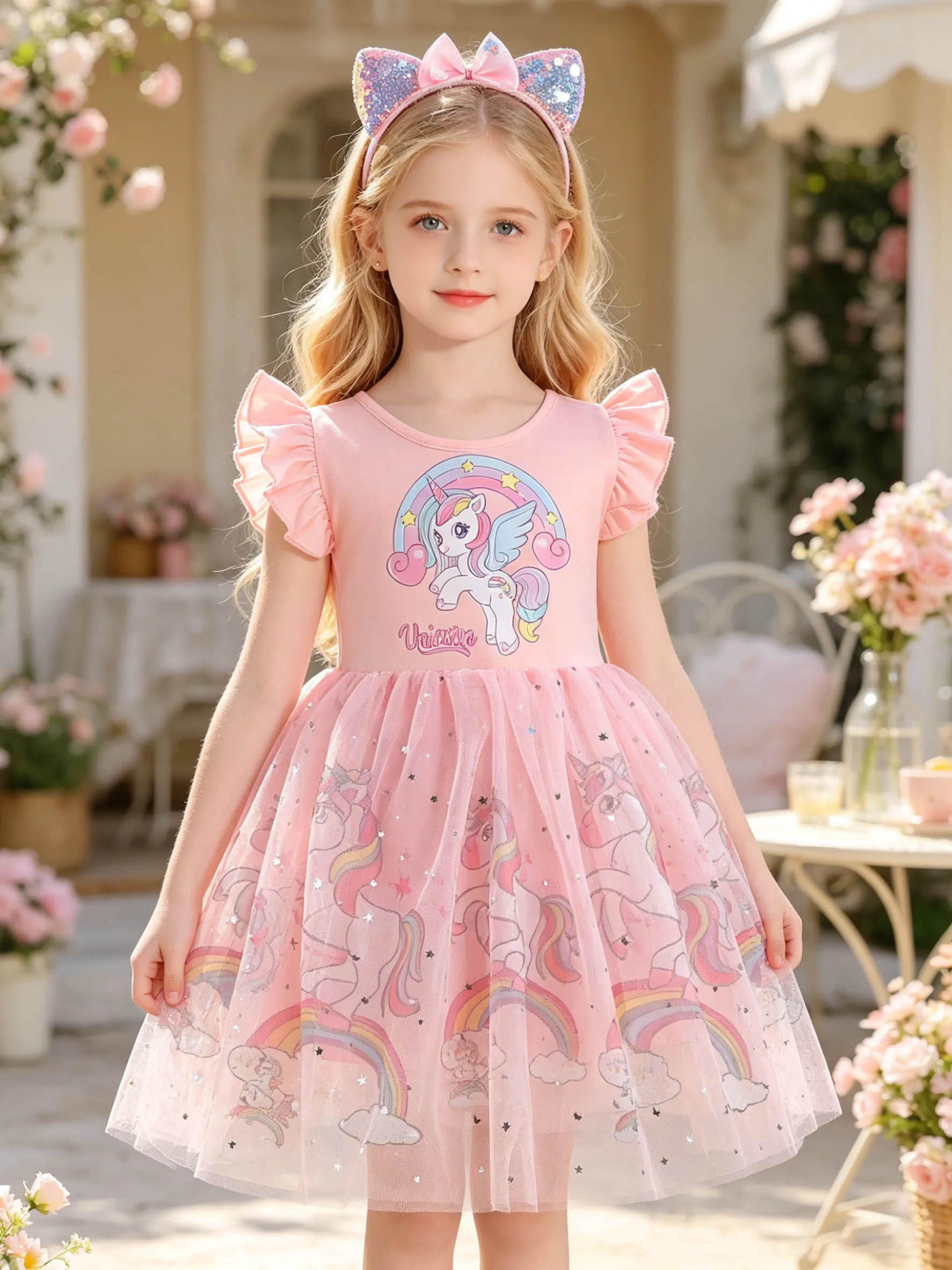 Light  Pink Unicorn Flutter Sleeve Dress for Girls, Full Print Rainbow Sequin Tulle Fluffy Princess Skirt
