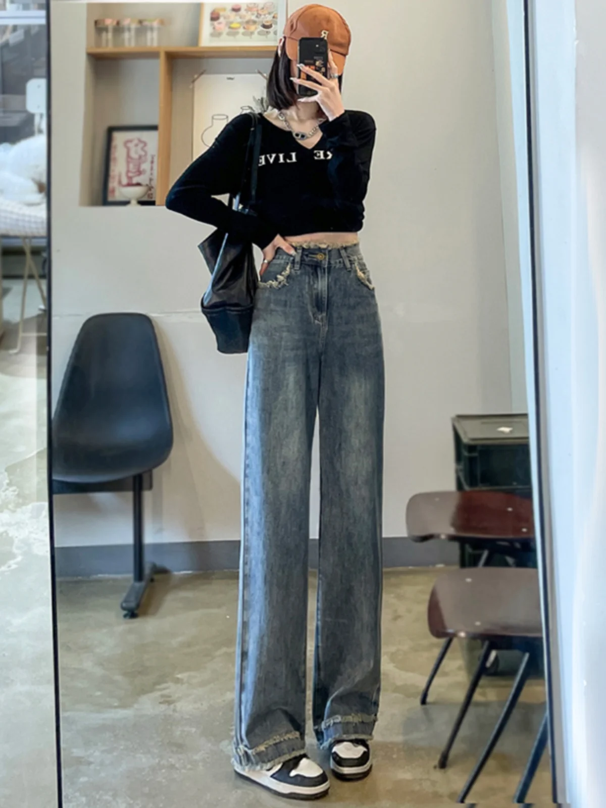 

High Waist Straight Leg Jeans Women's Spring Autumn New Style Slimming Wide Leg Pants with Frayed Hem Denim Jeans for Ladies