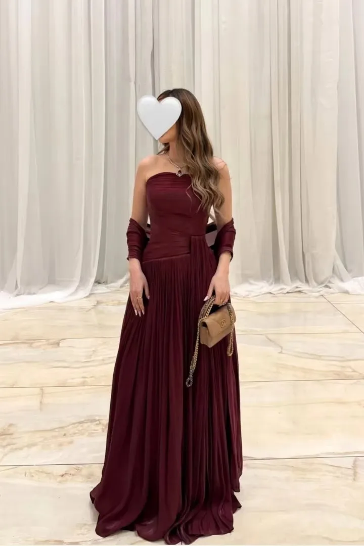 Vestido de noche de gasa con pliegues, sin tirantes, con capa, largo hasta el suelo, corte en A, con fruncido en el corpiño, para ocasiones formales, invitadas a bodas, fiestas de graduación, novias y eventos.