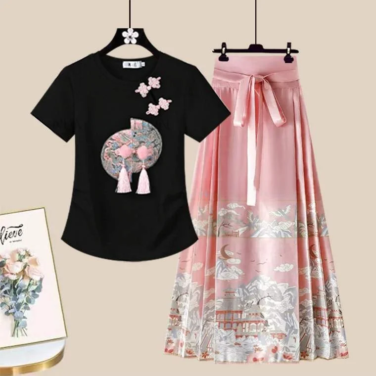 

New 2025 Chinese Sle National Trend Set Summer Improved Hanfu Embroidered Tassel ort Sve T-irt with High Waist Ma Fa...