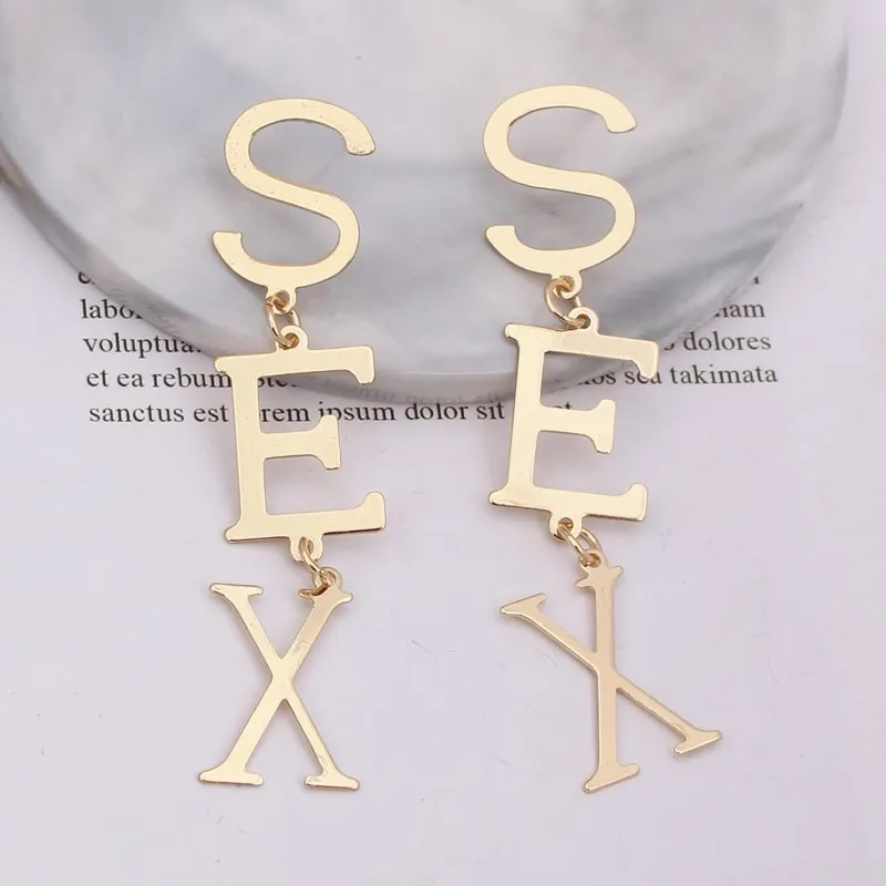 Vintage Metal Letter Statement Earrings for Women Exaggerate Punk English Alphabet SEX Dangle Drop Earrings Trendy Jewelry Gift