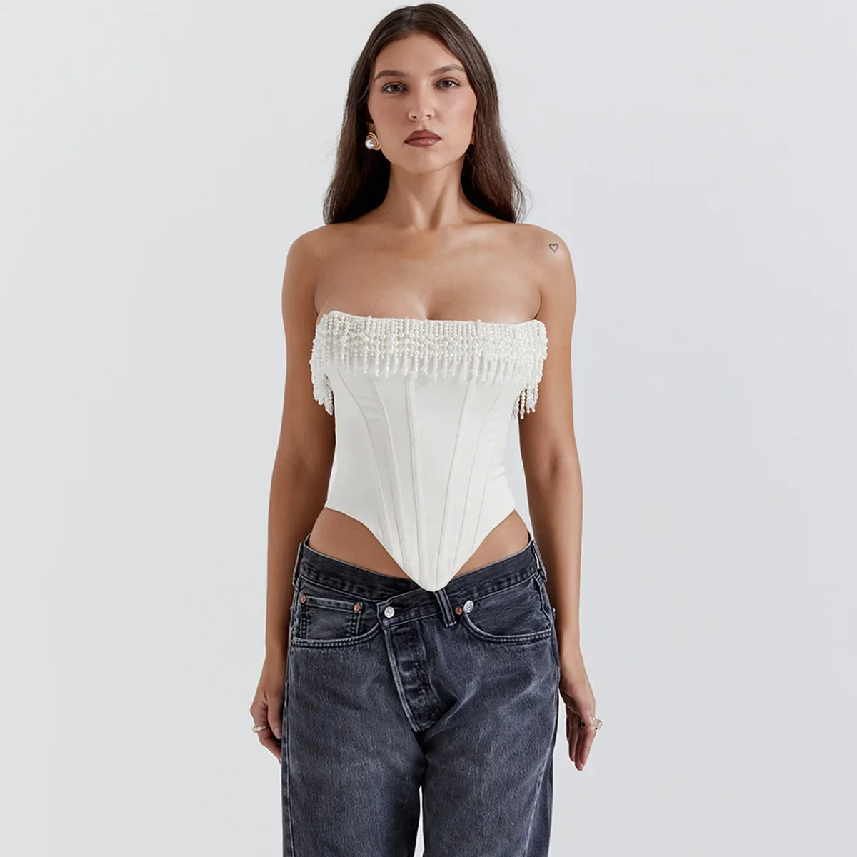 Off Shoulder White Crop Tops 2024 Summer Pearl Tassel Cami Women Elegant Satin Corset Tube Top Sexy Slim Clubwear Party Camisole